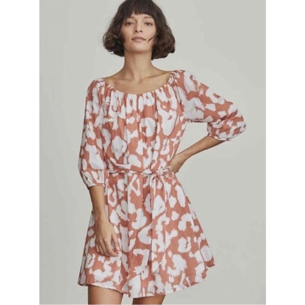 Elizabeth And James Leopard Print 3/4 Sleeve Lined Dress Belted Cotton Small